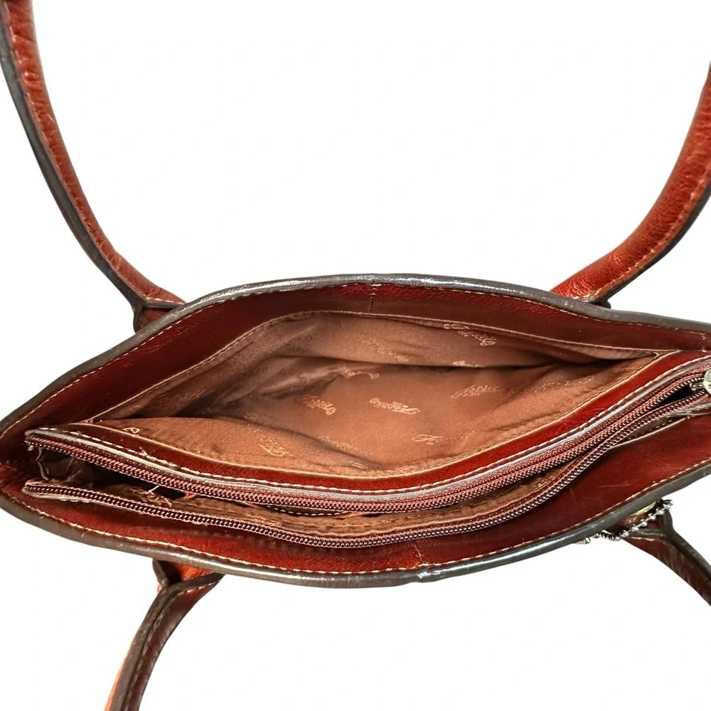 Vintage Fossil Cognac Leather Satchel Double Handle Bag Classic Y2K Key Charm - Picture 13 of 15